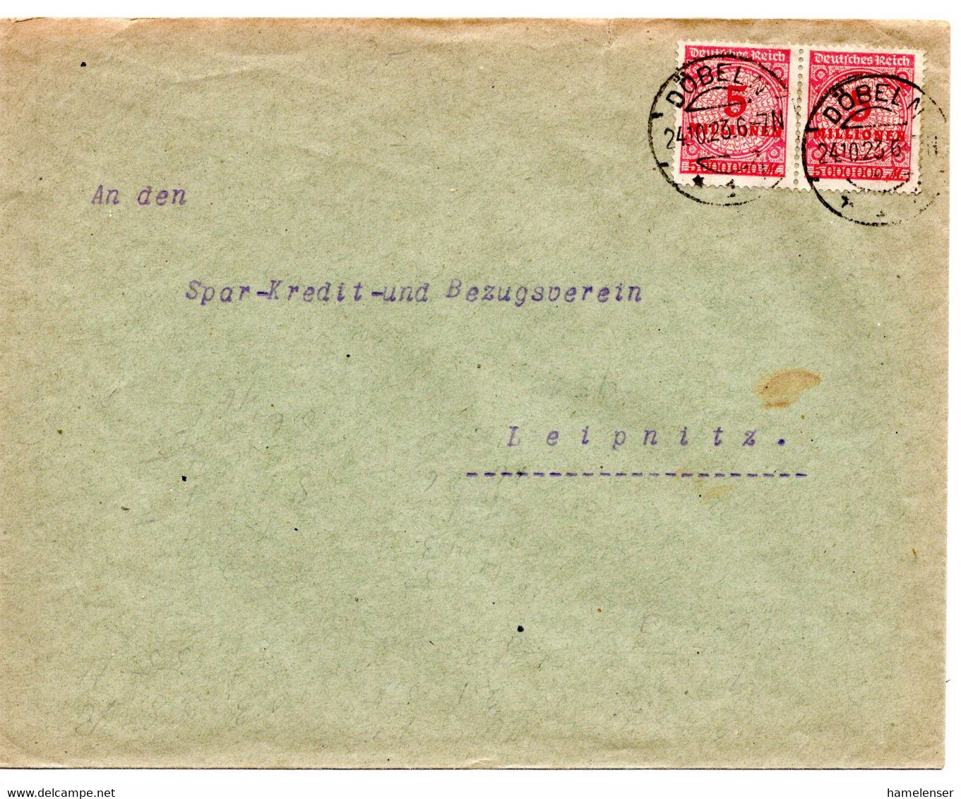 56672 - Deutsches Reich - 1923 - 12@5MioM Korbdeckel A Bf DOEBELN -> Leipnitz - Covers & Documents