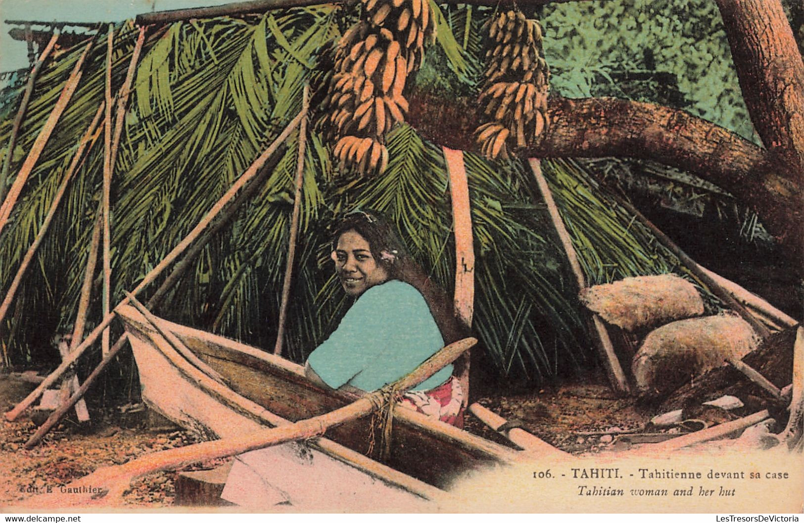 Tahiti - Tahitiene Dans Sa Case - Edit.E. Gauthier - Colorisé - Animé - Pirogue - Bananier - Carte Postale Ancienne - Tahiti
