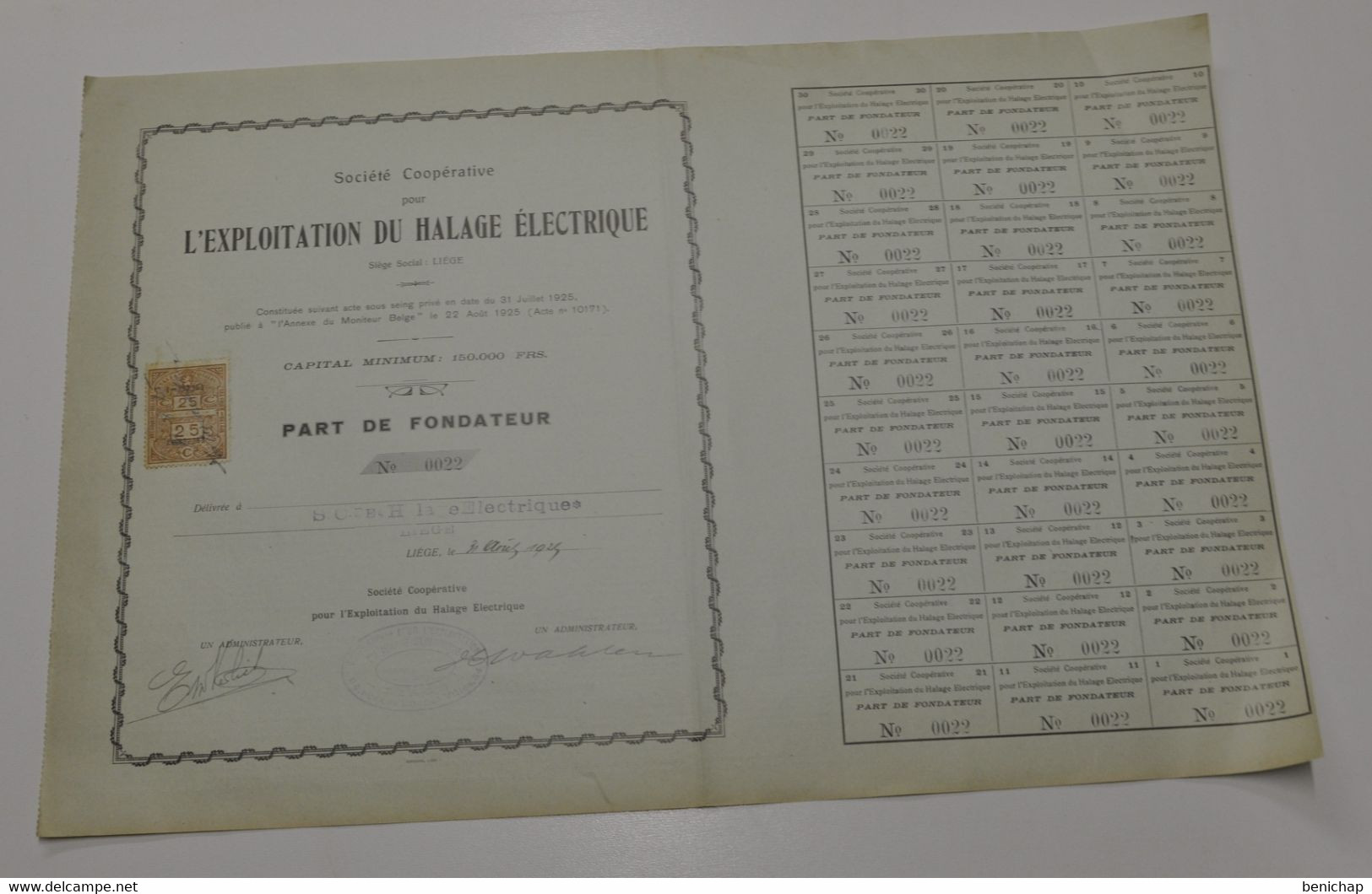 Société Coopérative Pour L'Exploitation Du Halage Electrique -  Part De Fondateur - Liège 31 Août 1925. - Electricité & Gaz