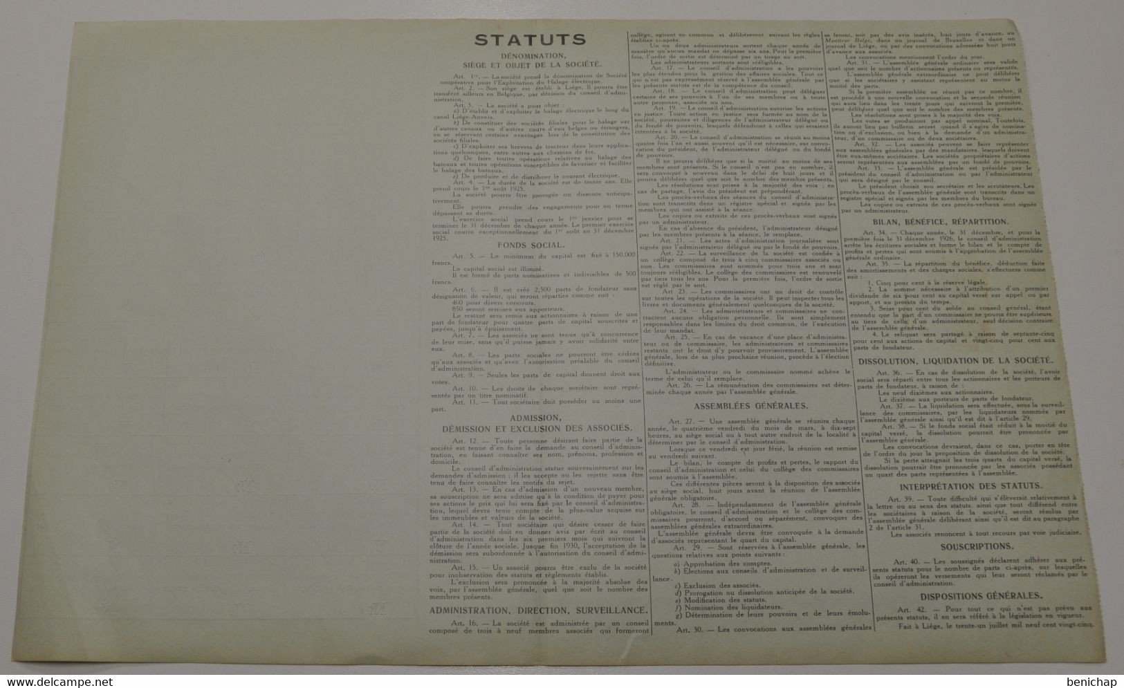 Société Coopérative Pour L'Exploitation Du Halage Electrique -  Part De Fondateur - Liège 31 Août 1925. - Elettricità & Gas