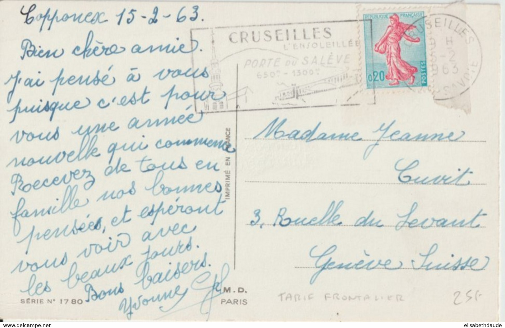 1963 - TARIF FRONTALIER ! SEMEUSE LIGNEE / CP De CRUSEILLES (HAUTE SAVOIE) => GENEVE (SUISSE) - Posttarieven