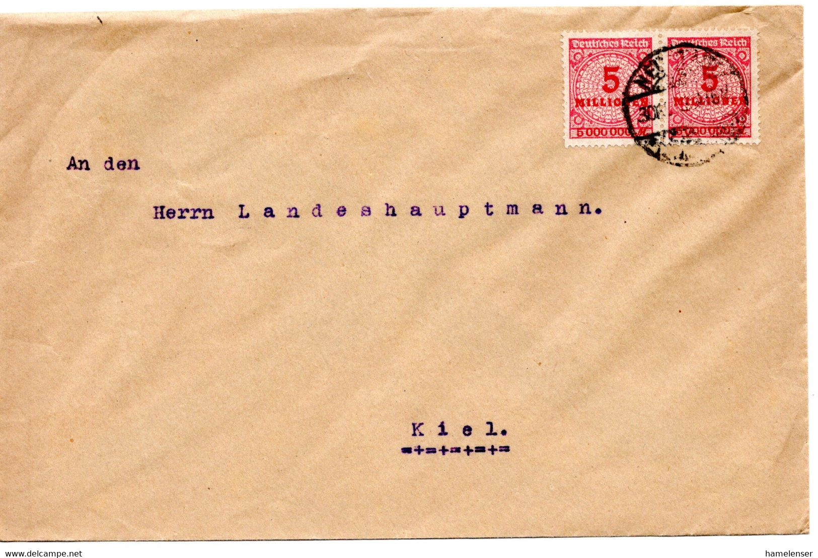 56676 - Deutsches Reich - 1923 - 2@5MioM Korbdeckel A Bf NEU... -> Kiel - Lettres & Documents