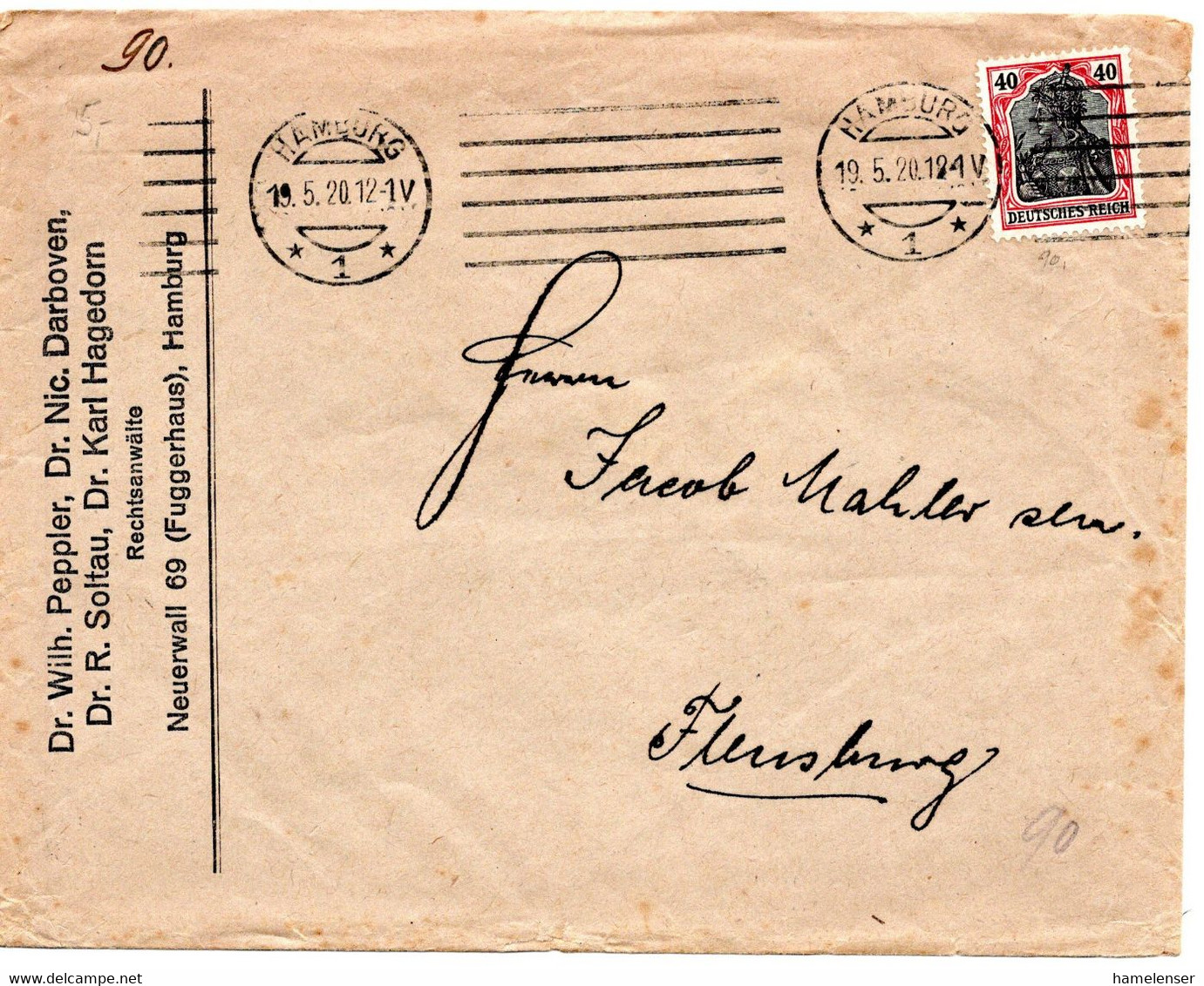 56677 - Deutsches Reich - 1920 - 40Pfg Germania EF A Bf HAMBURG -> Flensburg - Cartas & Documentos