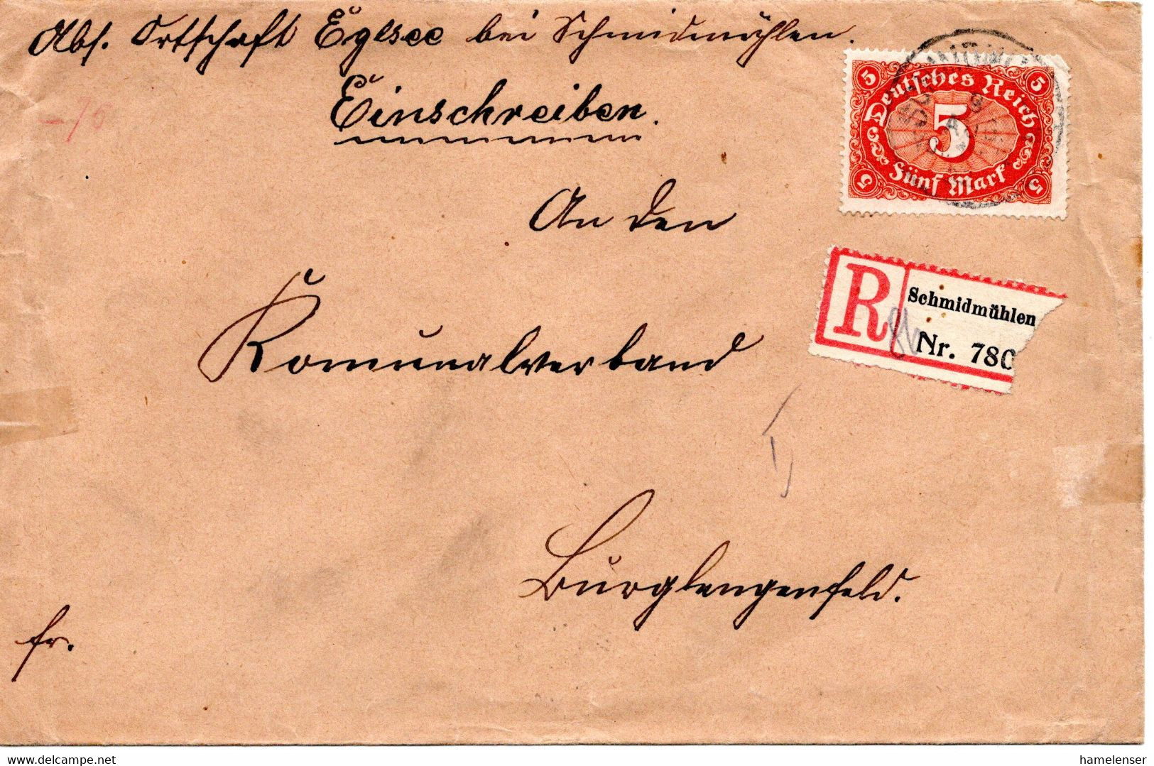 56679 - Deutsches Reich - 1922 - 5M Quer EF A R-Bf SCHMIDMUEHLEN -> BURGLENGENFELD - Covers & Documents