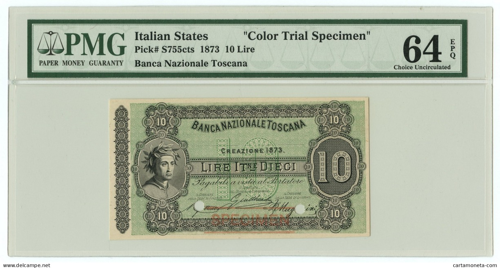 10 LIRE SPECIMEN (VERDE) BANCA NAZIONALE TOSCANA EFFIGE DANTE 1873 QFDS - Sonstige & Ohne Zuordnung