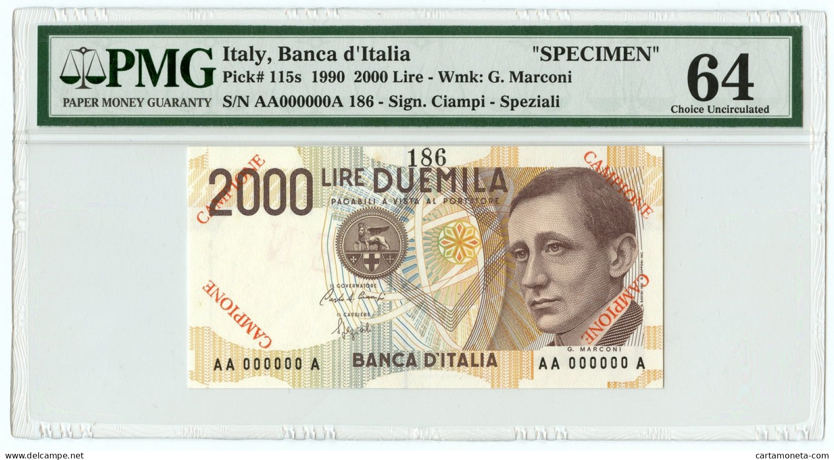 2000 LIRE CAMPIONE (NUMERO 186) BANCA D'ITALIA GUGLIELMO MARCONI 24/10/1990 QFDS - Autres & Non Classés