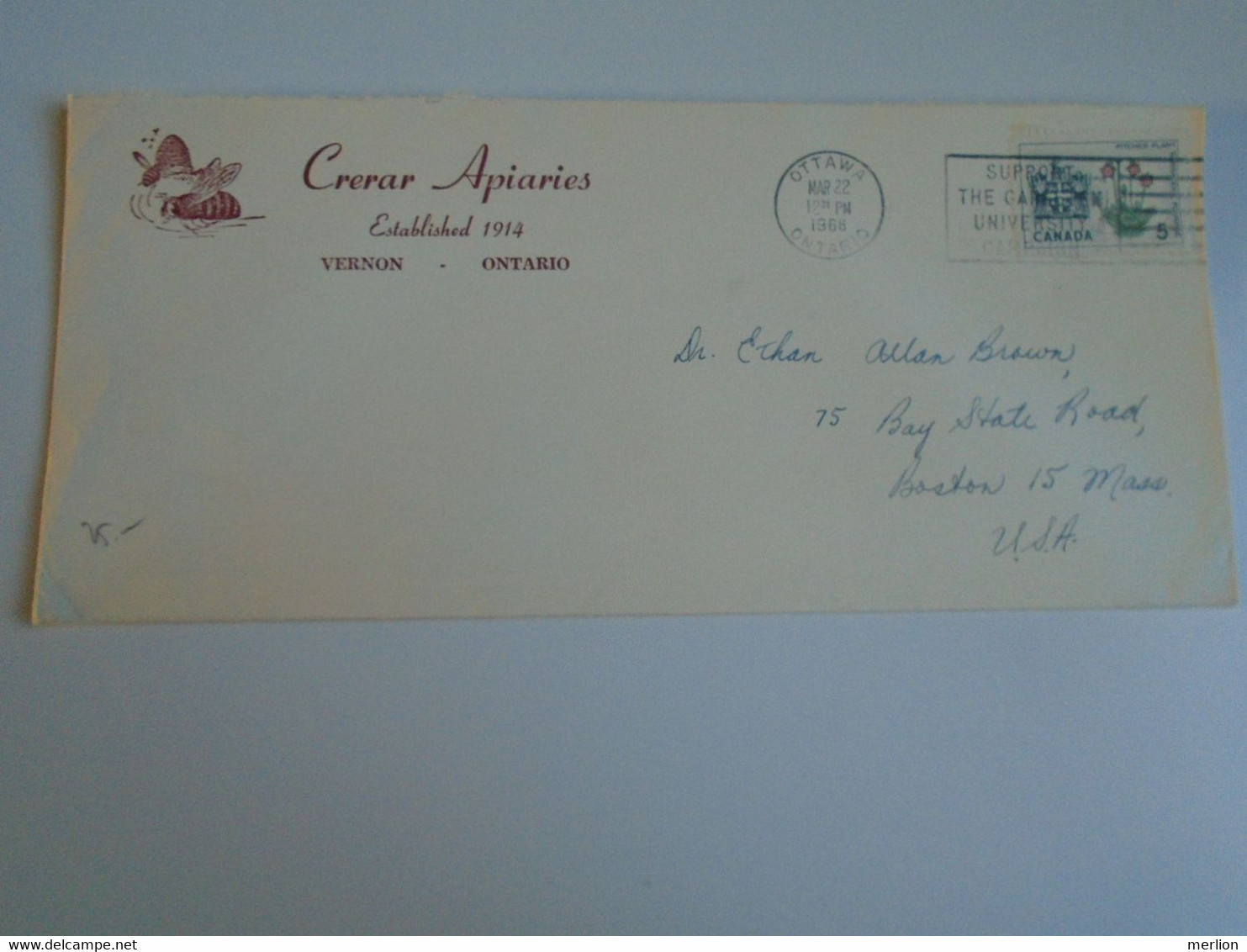 E0488.31 CANADA  Cover  Ca 1966 Ottawa  -Crerar Apiaries  -Vernon -Ontario - Bee  Keeping Apiary Bienenhaus Rucher - Lettres & Documents