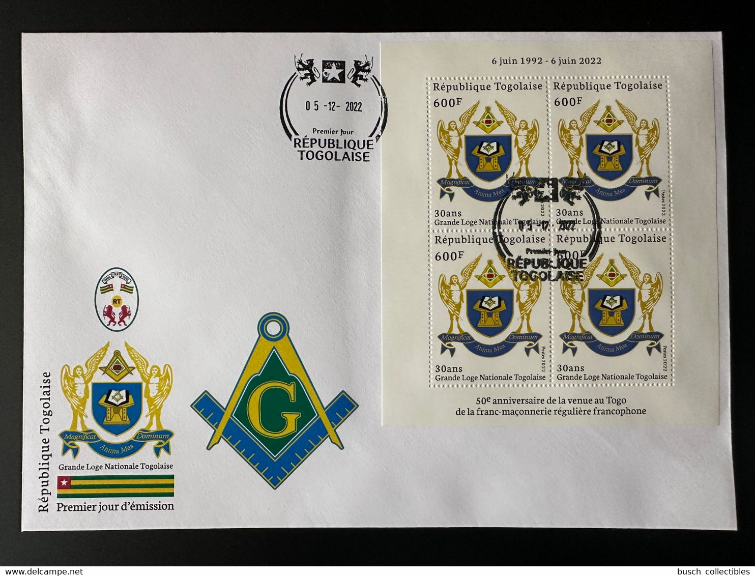 Togo 2022 FDC M/S Mi. ? 50 Ans Grande Loge Régulière Franc-maçons Freimaurer Freemasonry Masonic - Togo (1960-...)