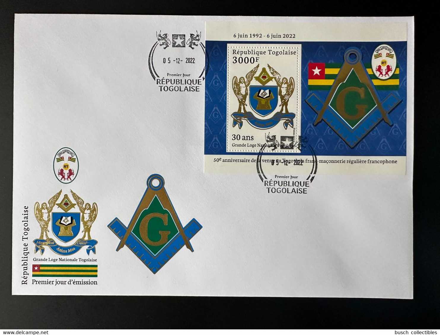 Togo 2022 FDC S/S Bloc Gold Doré Mi. ? 50 Ans Grande Loge Régulière Franc-maçons Freimaurer Freemasonry Masonic - Togo (1960-...)