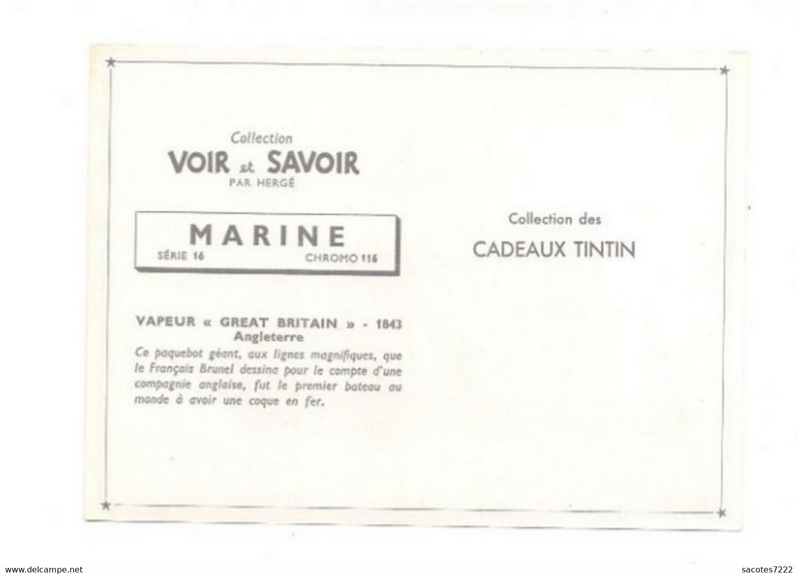 Collection Des CADEAUX TINTIN - CHROMO MARINE  : VAPEUR - GREAT BRITAIN - 1843 - Angleterre     Série 15 N° 116- - Sammelbilder