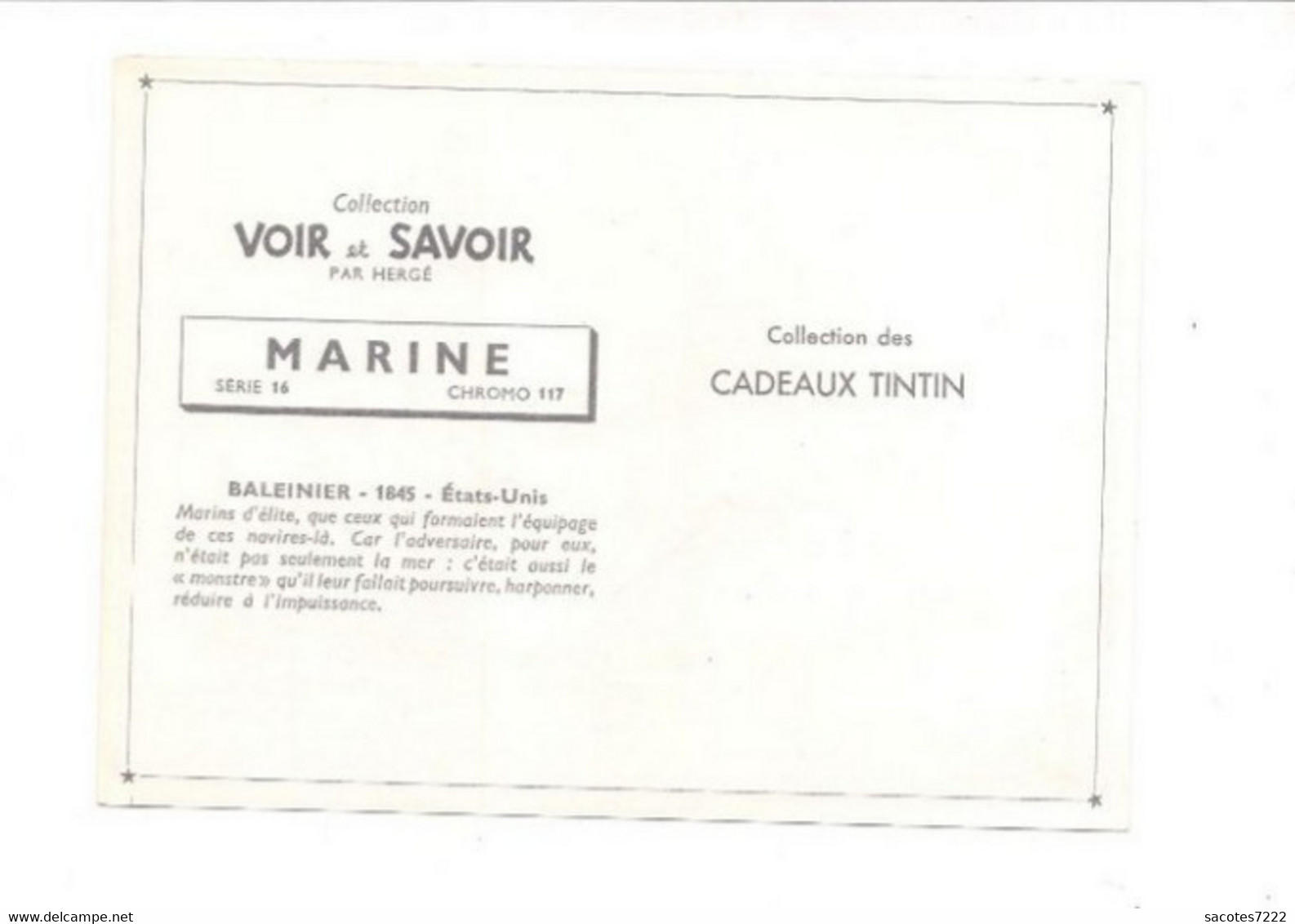 Collection Des CADEAUX TINTIN - CHROMO MARINE  : BALEINIER - 1845 - ETATS UNIS     Série 15 N° 117- - Sammelbilder
