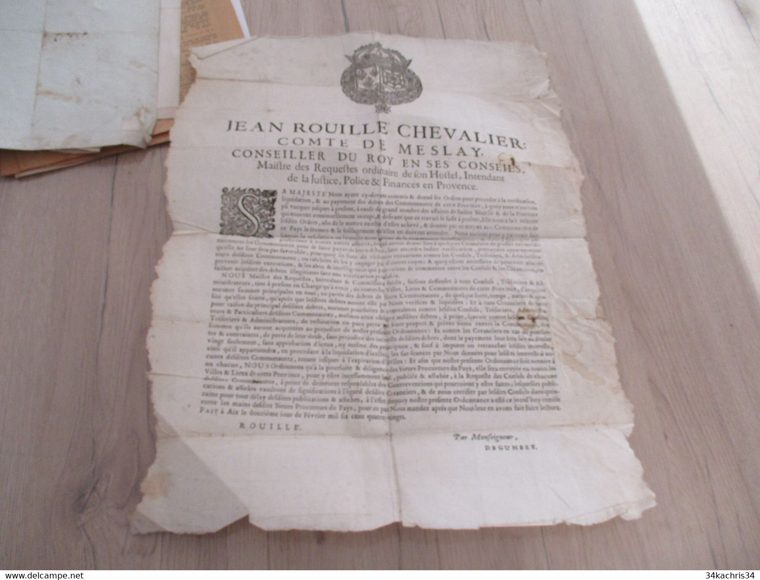 Affiche Placard JEAN ROUILLE Conseiller Du Roi En Provence 1680 à Propos Des Dettes Des Communautés - Plakate