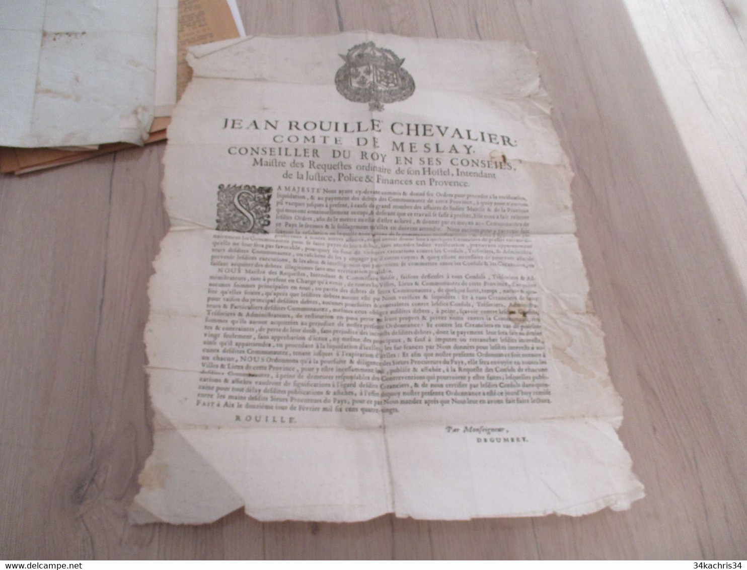 Affiche Placard JEAN ROUILLE Conseiller Du Roi En Provence 1680 à Propos Des Dettes Des Communautés - Afiches