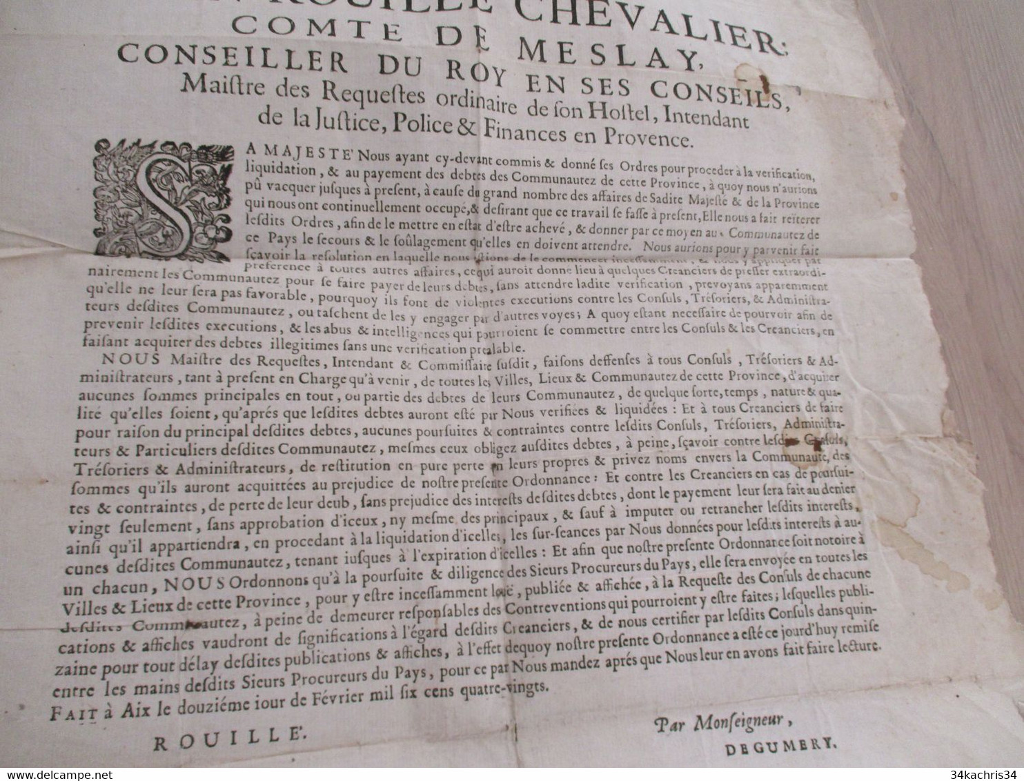 Affiche Placard JEAN ROUILLE Conseiller Du Roi En Provence 1680 à Propos Des Dettes Des Communautés - Posters