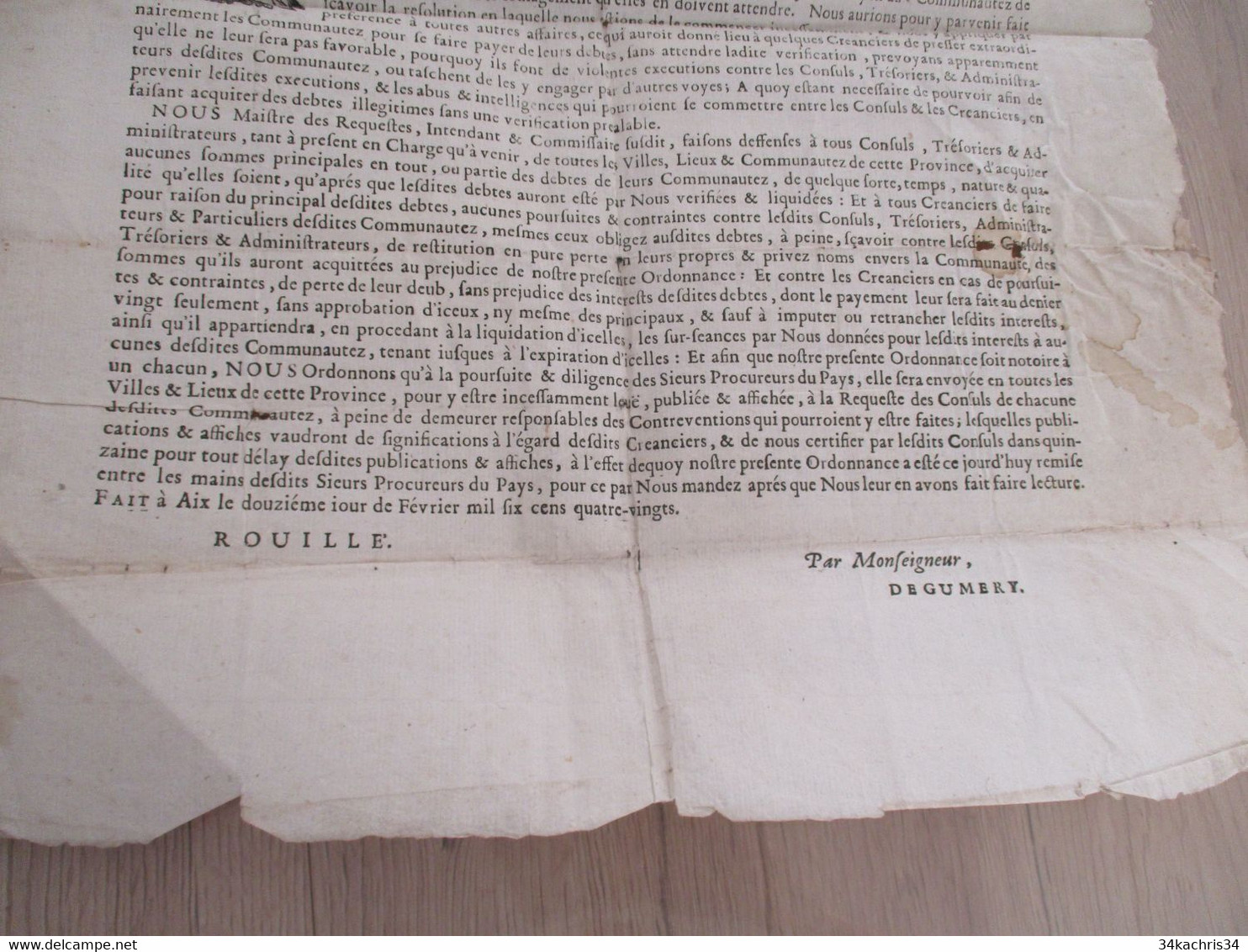 Affiche Placard JEAN ROUILLE Conseiller Du Roi En Provence 1680 à Propos Des Dettes Des Communautés - Afiches