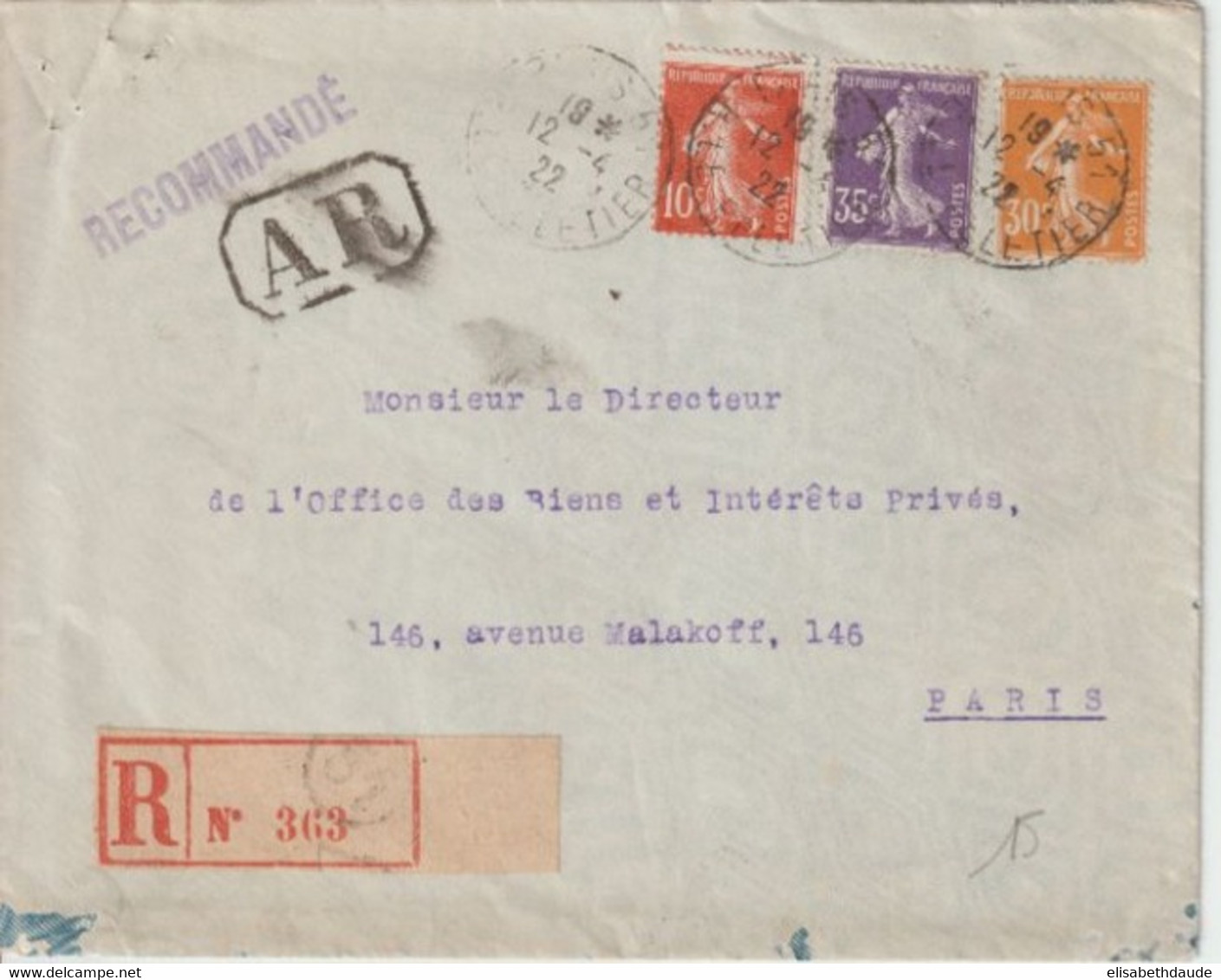 1922 - BEL AFFR. TRICOLORE SEMEUSE ! ENVELOPPE RECOMMANDEE De PARIS => PARIS - 1906-38 Semeuse Camée