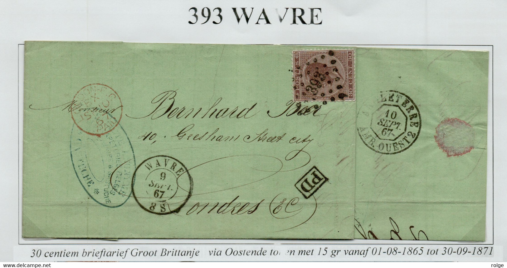 393-06 Pts 393  WAVRE      Naar    LONDEN    ENGELAND   Frankering 1 X 30  CENTIEM - 1865-1866 Linksprofil