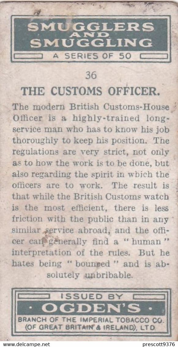 Smugglers & Smuggling 1932  - 36 The Customs Officer -  Ogdens Original Cigarette Card - - Ogden's