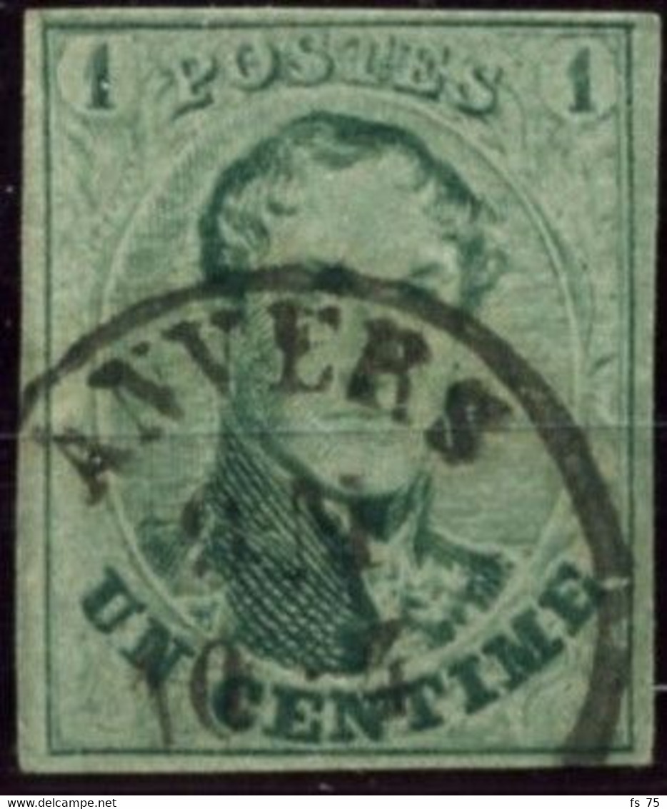 BELGIQUE - COB 9  - 1C VERT PALE MEDAILLON CAD ANVERS MARGE OBLITERE - 1858-1862 Medaillons (9/12)