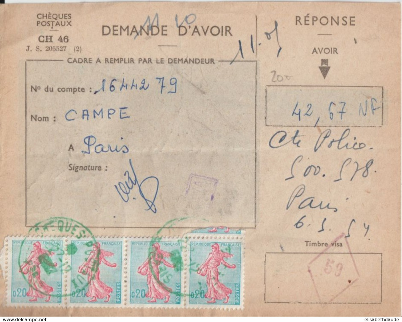 1962 - RARE OBLITERATION VERTE !! Des CHEQUES POSTAUX PARIS Sur SEMEUSE LIGNEE ! DEMANDE D'AVOIR - 1903-60 Semeuse Lignée