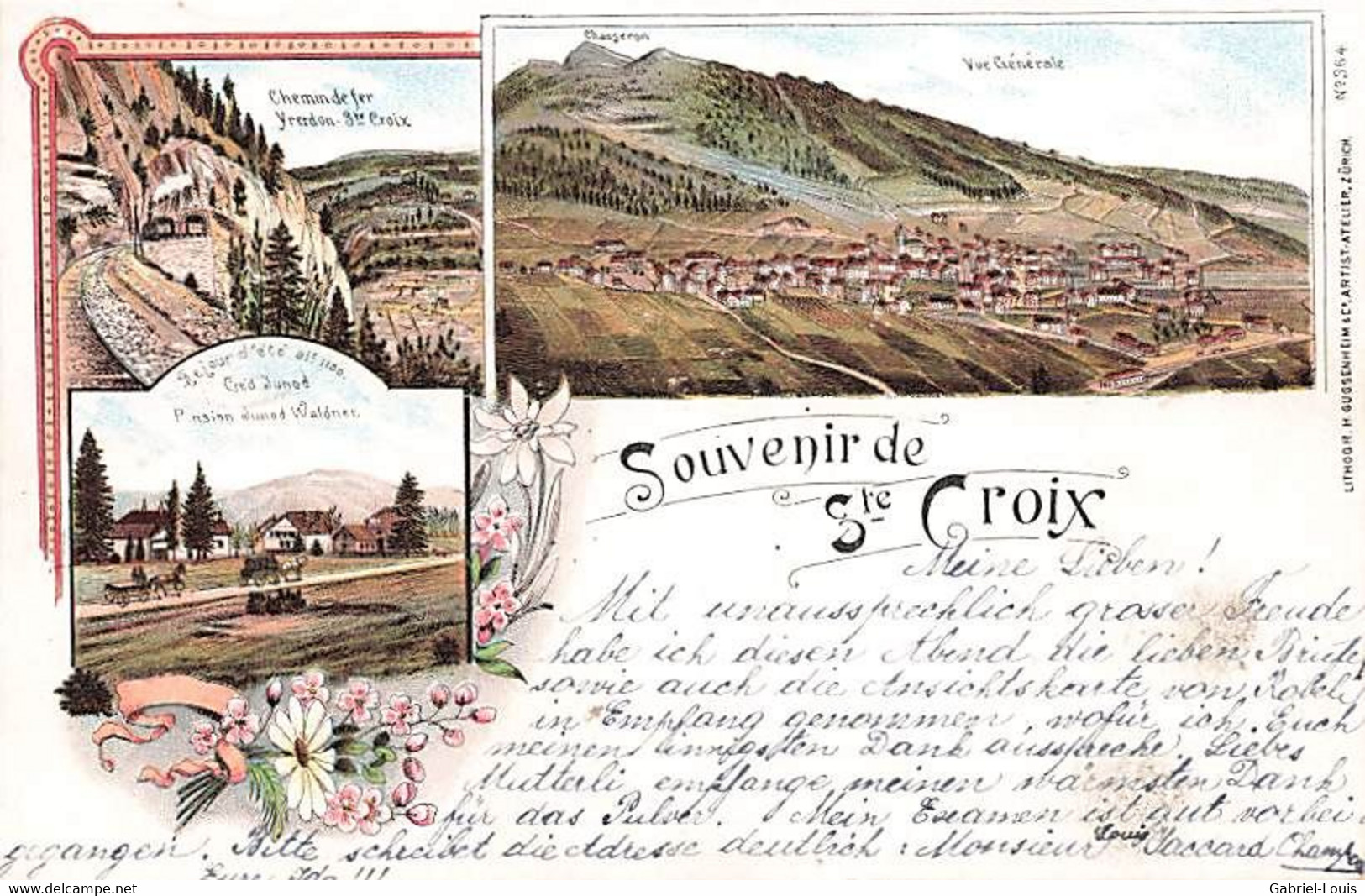 Souvenir De Ste-Croix Sainte-Croix Litho 1898 Chemin De Fer Yverdon Séjour D'été Pension Junod Waldner Chasseron - Sainte-Croix 