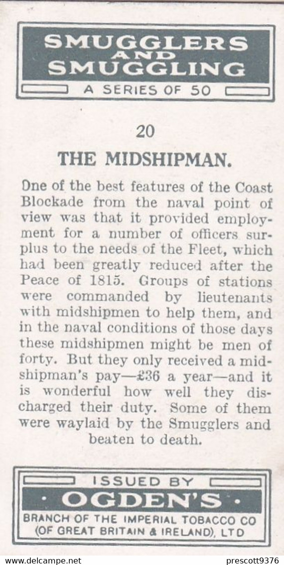 Smugglers & Smuggling 1932  - 20 The Midshipmen -  Ogdens Original Cigarette Card - - Ogden's