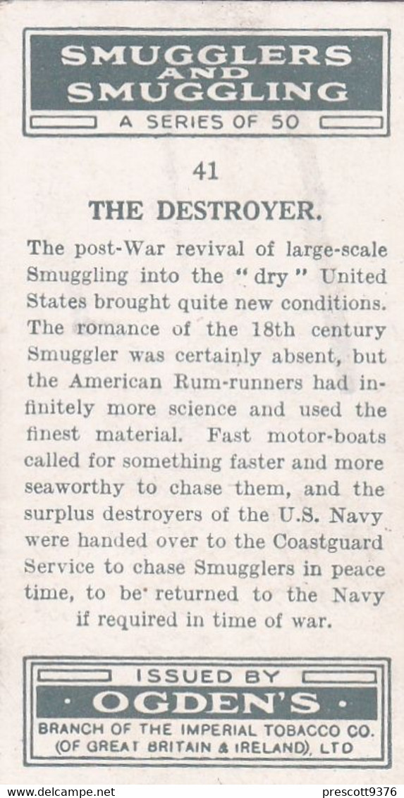 Smugglers & Smuggling 1932  - 41 The Destroyer -  Ogdens Original Cigarette Card - - Ogden's