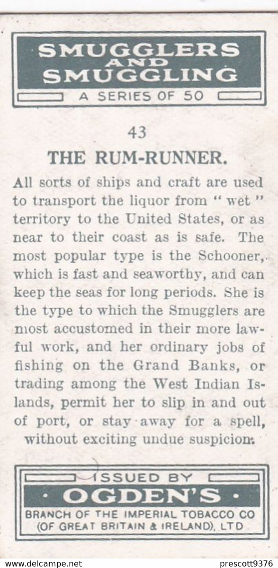 Smugglers & Smuggling 1932  - 43 The Rum Runner -  Ogdens Original Cigarette Card - - Ogden's