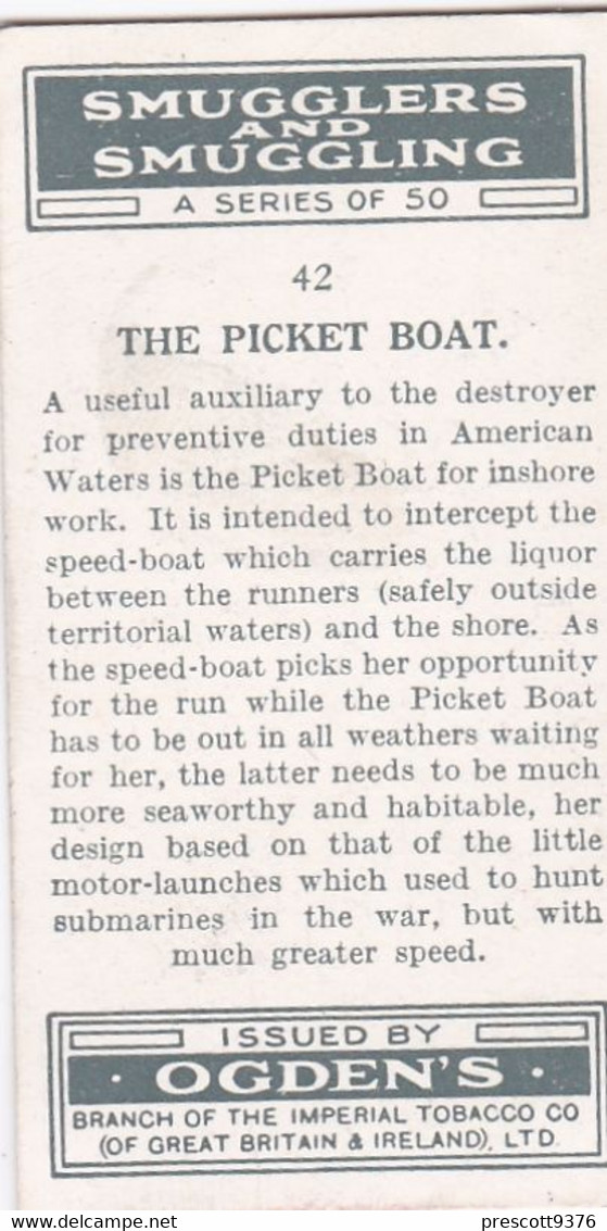 Smugglers & Smuggling 1932  - 42 The Picket Boat -  Ogdens Original Cigarette Card - - Ogden's