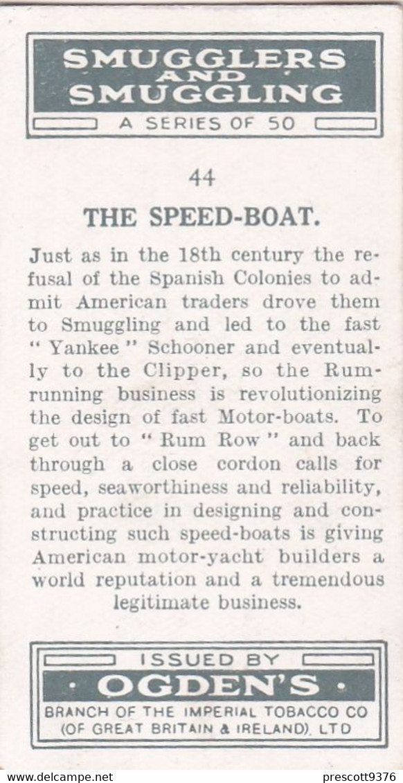 Smugglers & Smuggling 1932  - 44 The Speed Boat -  Ogdens Original Cigarette Card - - Ogden's