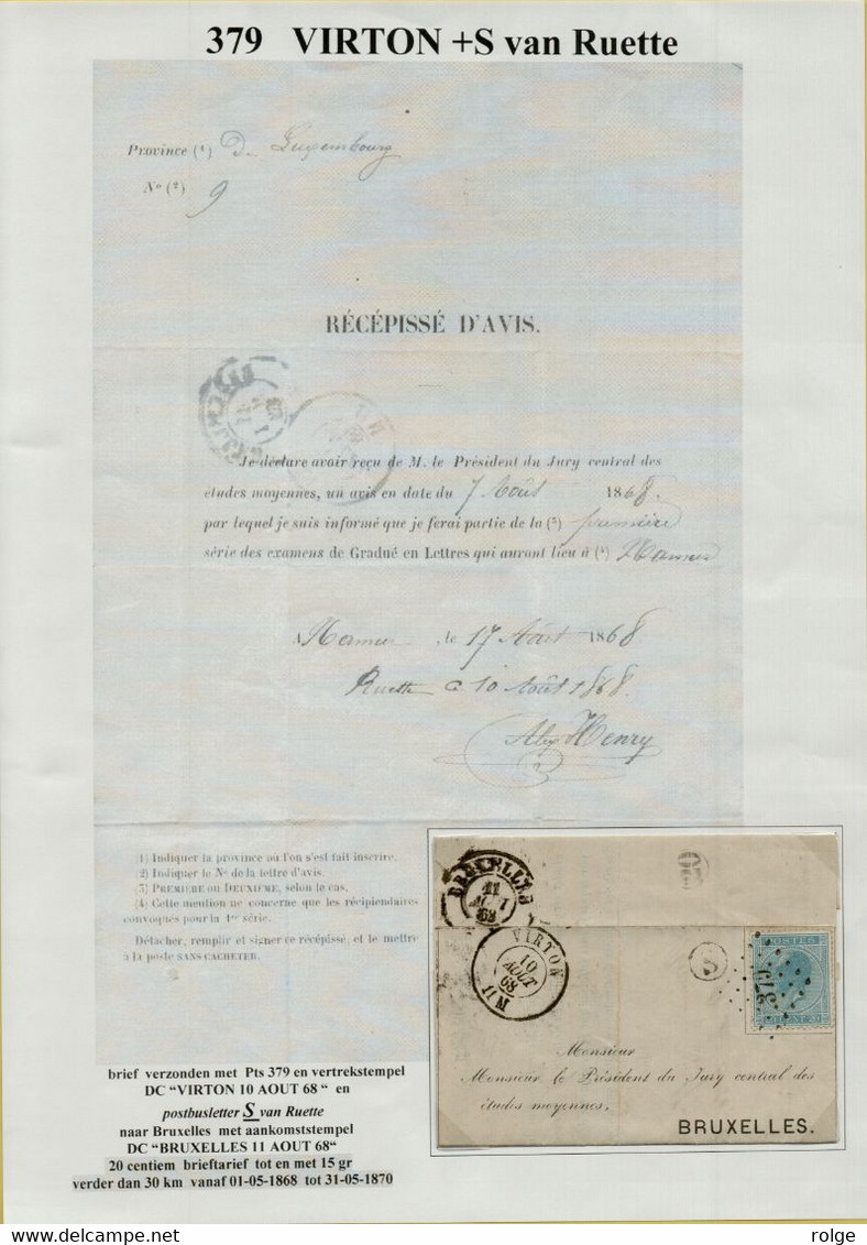 379-04  Pts 379  VIRTON + POSTBUSLETTER S VAN RUETTE   Naar  BRUXELLES  Frankering  1 X 20 CENTIEM - 1865-1866 Linksprofil