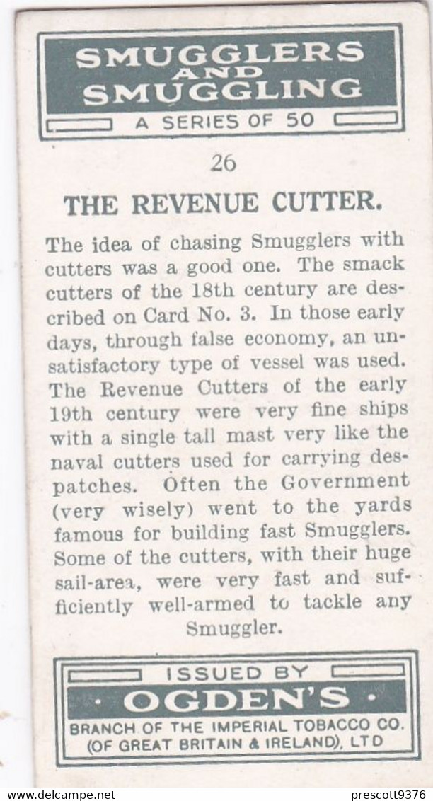 Smugglers & Smuggling 1932  - 26 The Revenue Cutter -  Ogdens Original Cigarette Card - - Ogden's