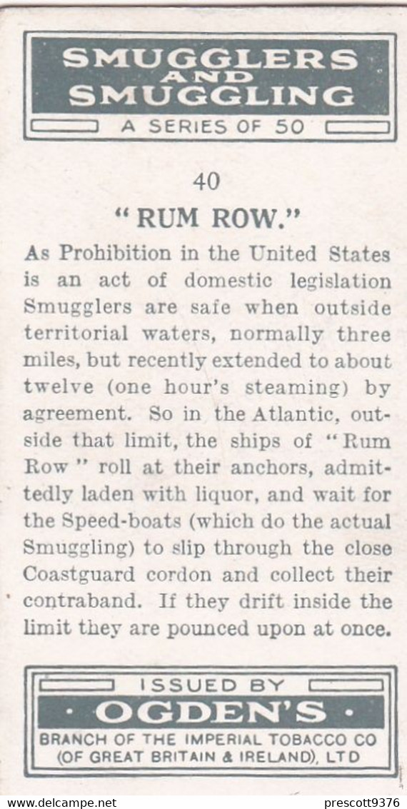 Smugglers & Smuggling 1932  - 40 Rum Row -  Ogdens Original Cigarette Card - - Ogden's