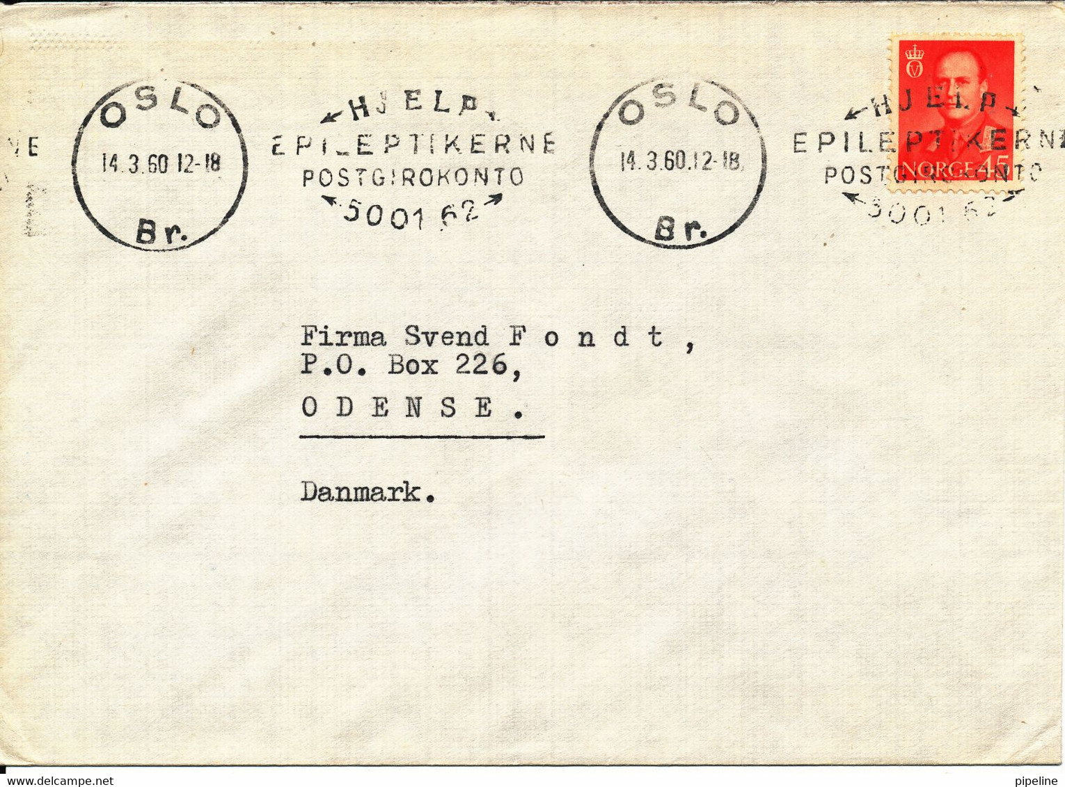 Norway Cover Sent To Denmark Oslo 14-3-1960 Single Franked (Hjelp Epileptikerne Postkonto 5001162) - Cartas & Documentos
