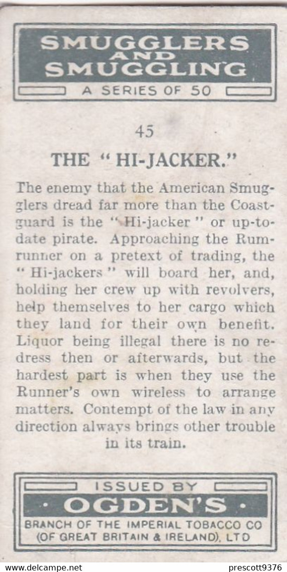 Smugglers & Smuggling 1932  - 45 The Hijacker -  Ogdens Original Cigarette Card - - Ogden's