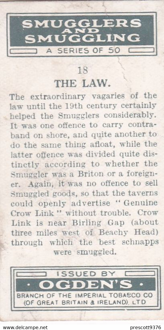 Smugglers & Smuggling 1932  - 18 The Law -  Ogdens Original Cigarette Card - - Ogden's