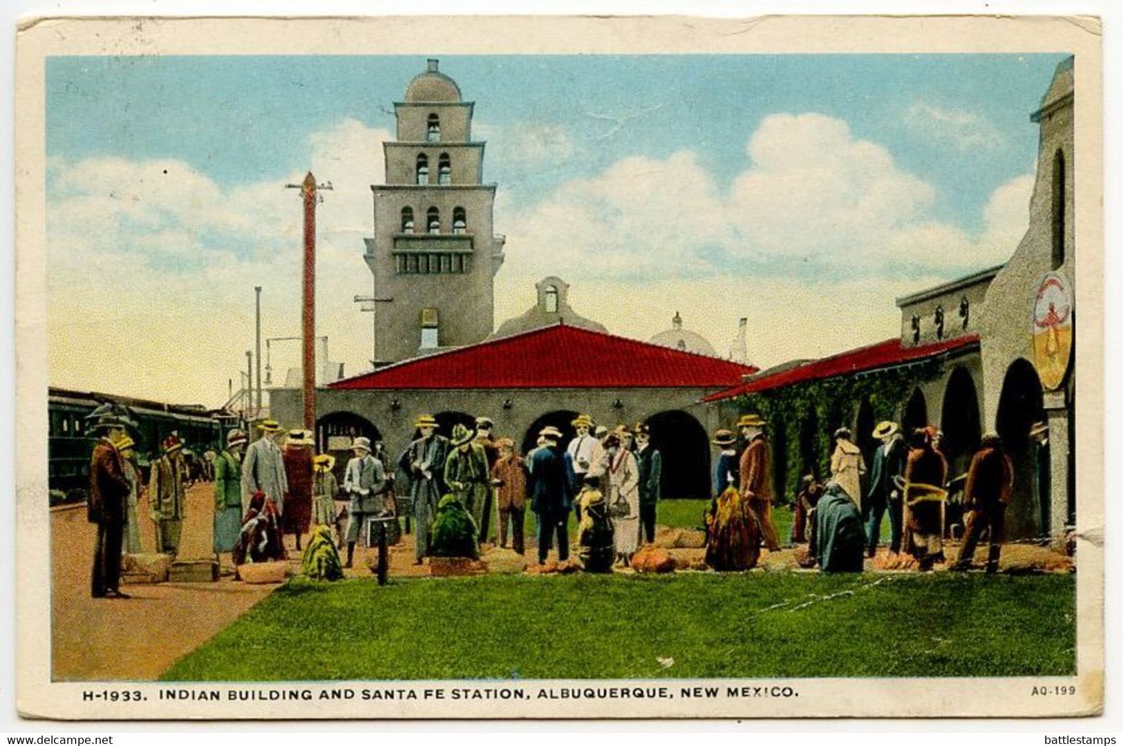 United States 1927 Postcard Albuquerque NM Indian Building & Santa Fe Train Station; Albuquerque & Ashfork RPO Postmark - Albuquerque