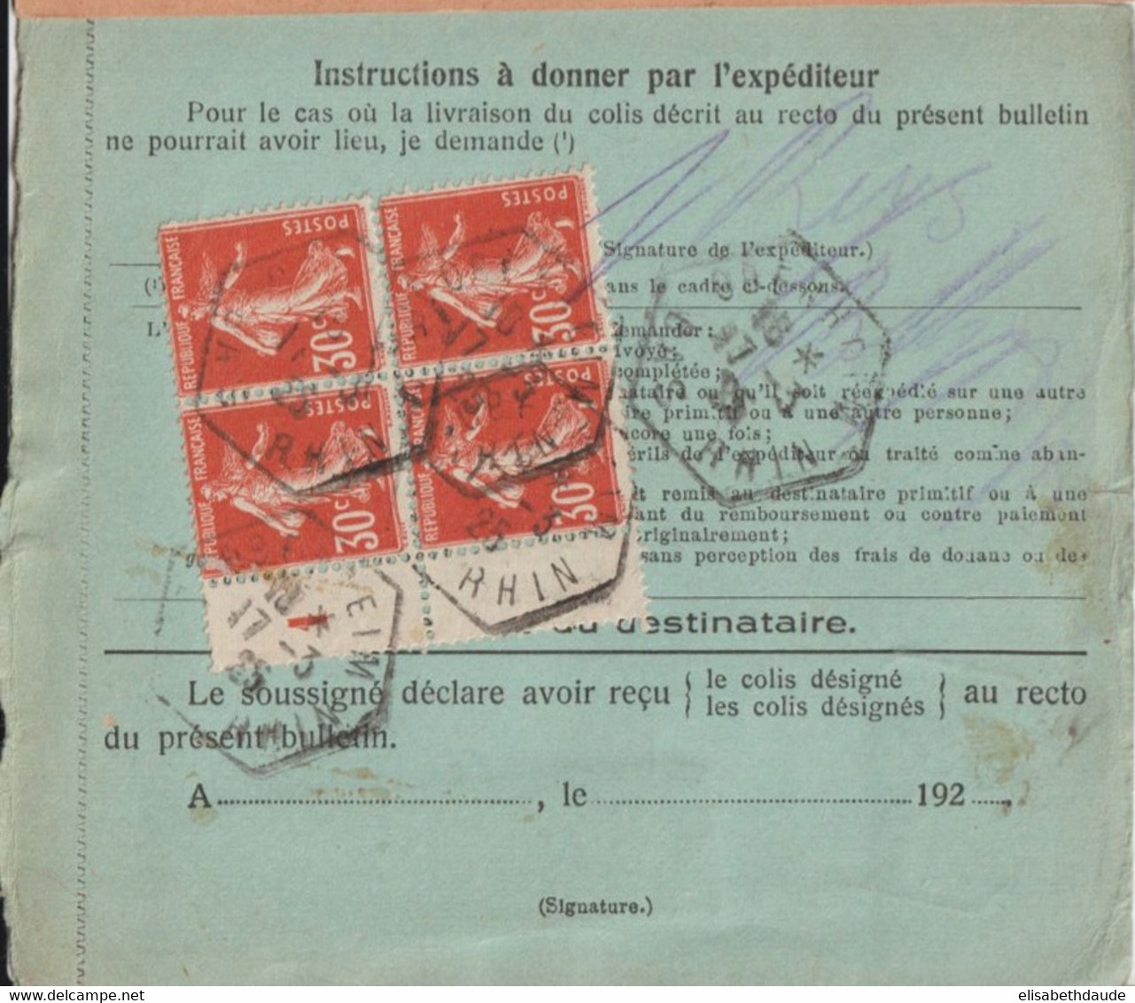 1925 - COLIS-POSTAUX ALSACE-MOSELLE ! CP De OBENHEIM (BAS-RHIN) CACHET HEXAGONAL Avec FISCAL + BLOC De 4 SEMEUSE YT 160 - 1906-38 Sower - Cameo