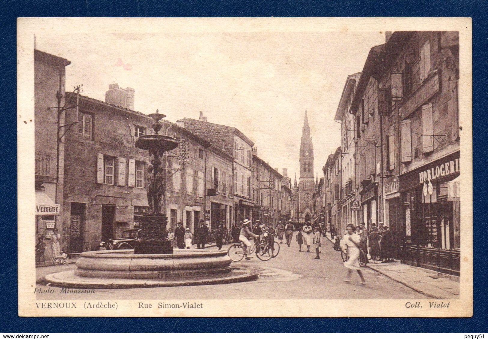 07. Vernoux. Rue Simon-Vialet. Café, Bière Vézelise. Fontaine. Grand' Rue, église St.Pierre. Horlogerie. Cinéma.  1940 - Vernoux