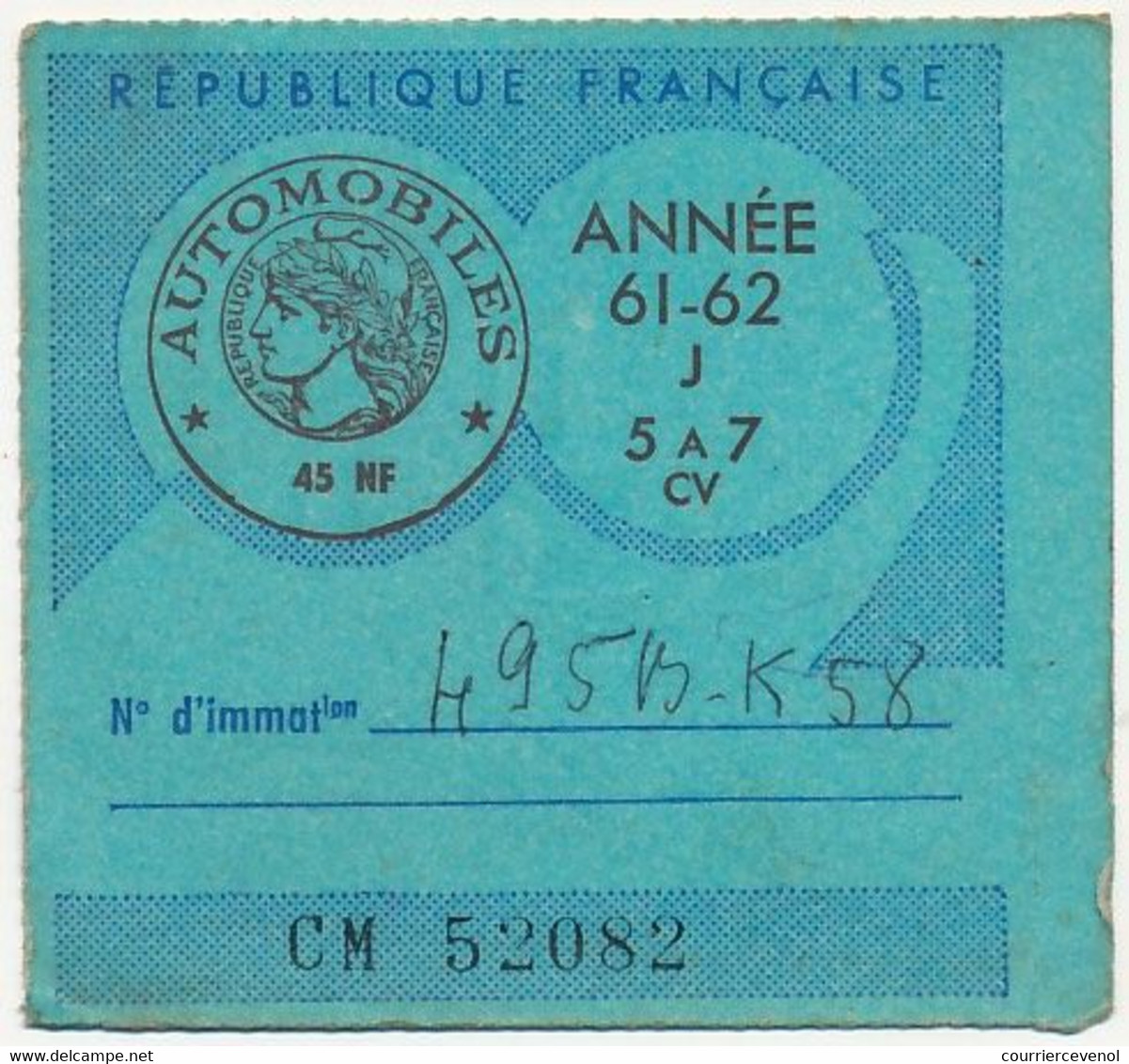 FRANCE - Vignettes Automobile 1959/60 - 1961/62 - 1962/63 - Véhicule 5 à 7 Cv - Lettres & Documents