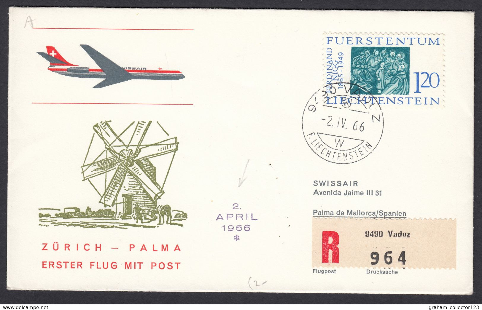 1966 Zurich To Palma Cachet SwissAir Flight Cover Displaying Stamp From Lichtenstein Registered From Vaduz - Covers & Documents