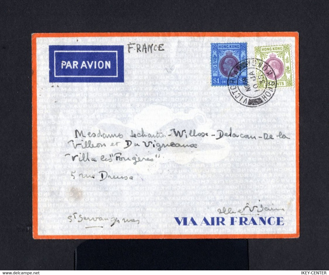 S5266-HONG KONG-AIRMAIL COVER HONG KONG To ST.SERVAN Sur MER (france) 1938.WWII.CHINA.British Colonies.Enveloppe .BRIEF - Briefe U. Dokumente