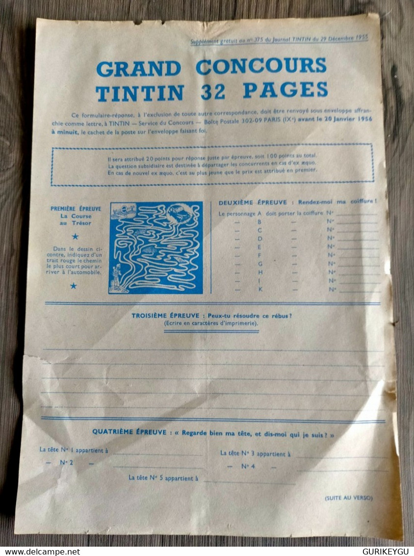 Tintin Supplément Au N° 375 Grand Concours Tintin 32 Pages Du 29/12/1955 Hergé-Concours La Course Au Trésor - Sagédition