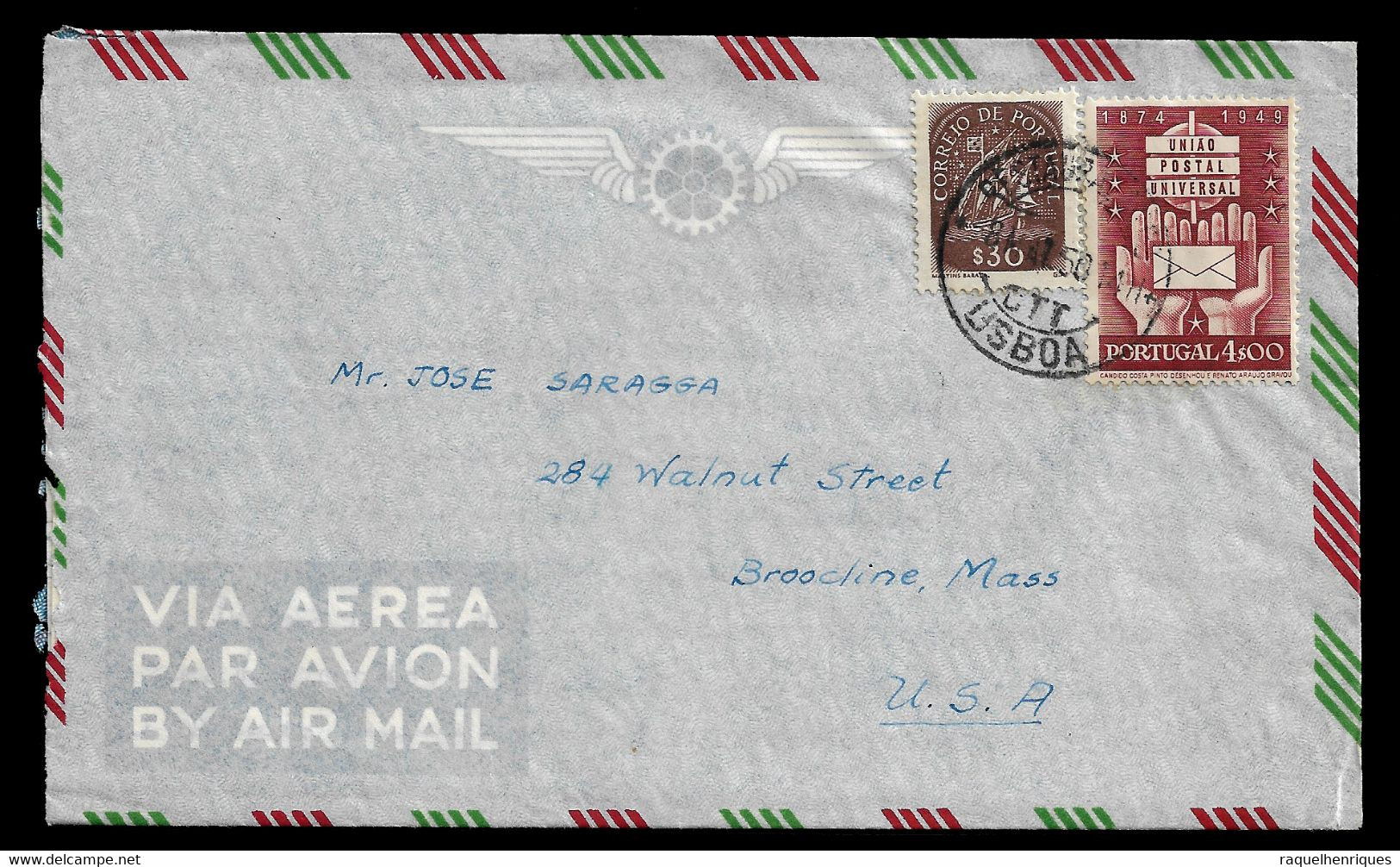 PORTUGAL AIRMAL COVER - 1950 FROM PORTUGAL TO UNITED STATES - CARIMBO LISBOA (PLB#03-01) - Brieven En Documenten