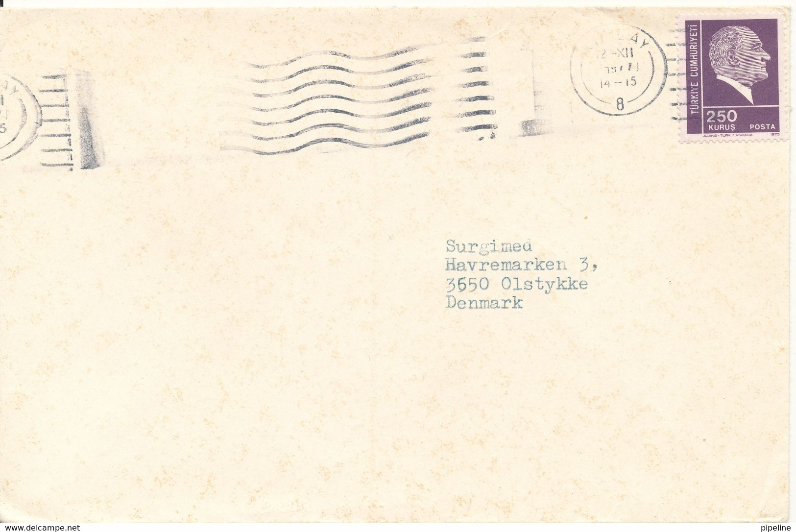 Turkey Cover Sent To Denmark 12-12-1977 Single Franked - Lettres & Documents