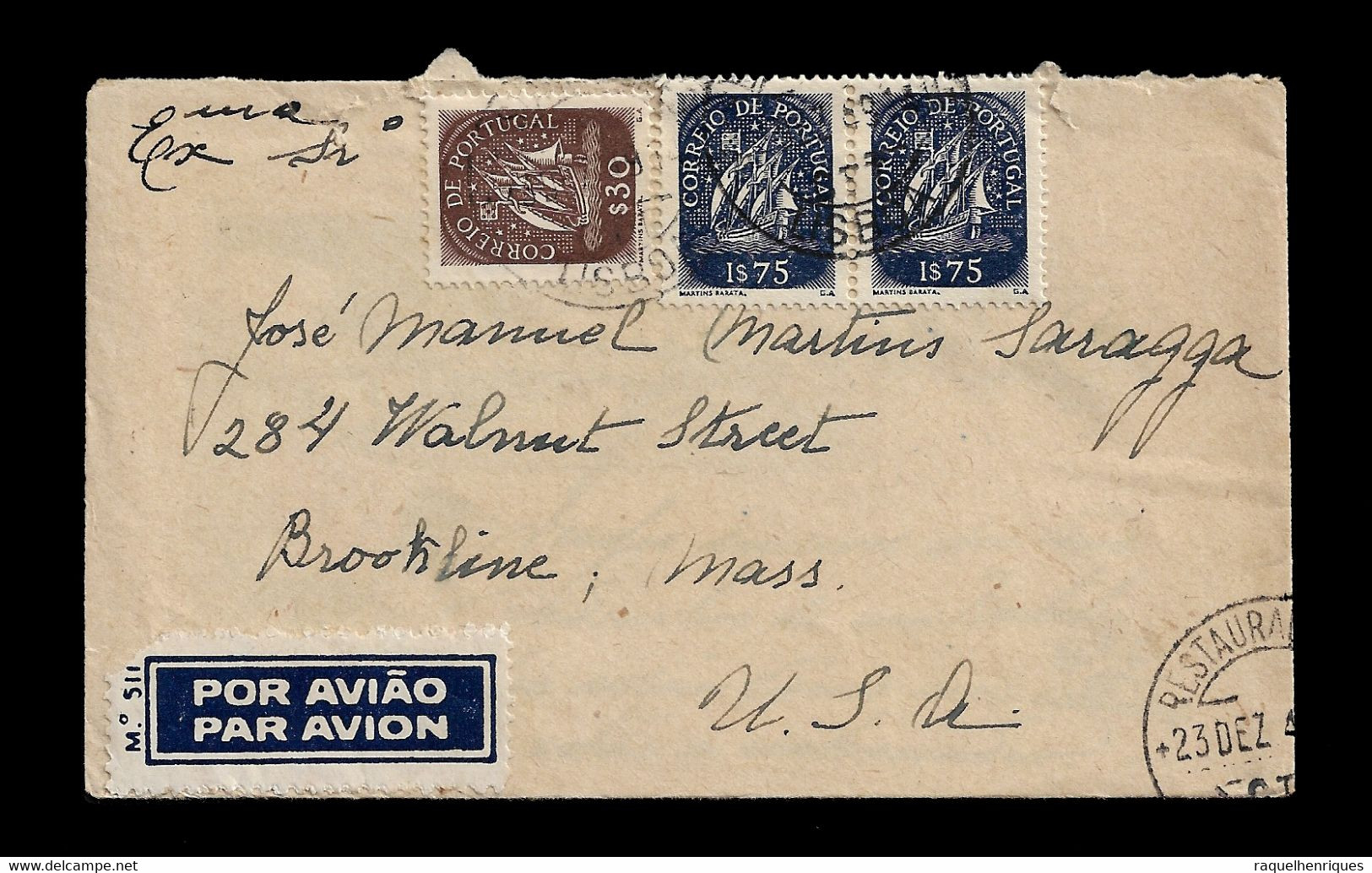 PORTUGAL AIRMAL COVER - 1949 FROM PORTUGAL TO UNITED STATES - CARIMBO LISBOA (PLB#03-03) - Brieven En Documenten