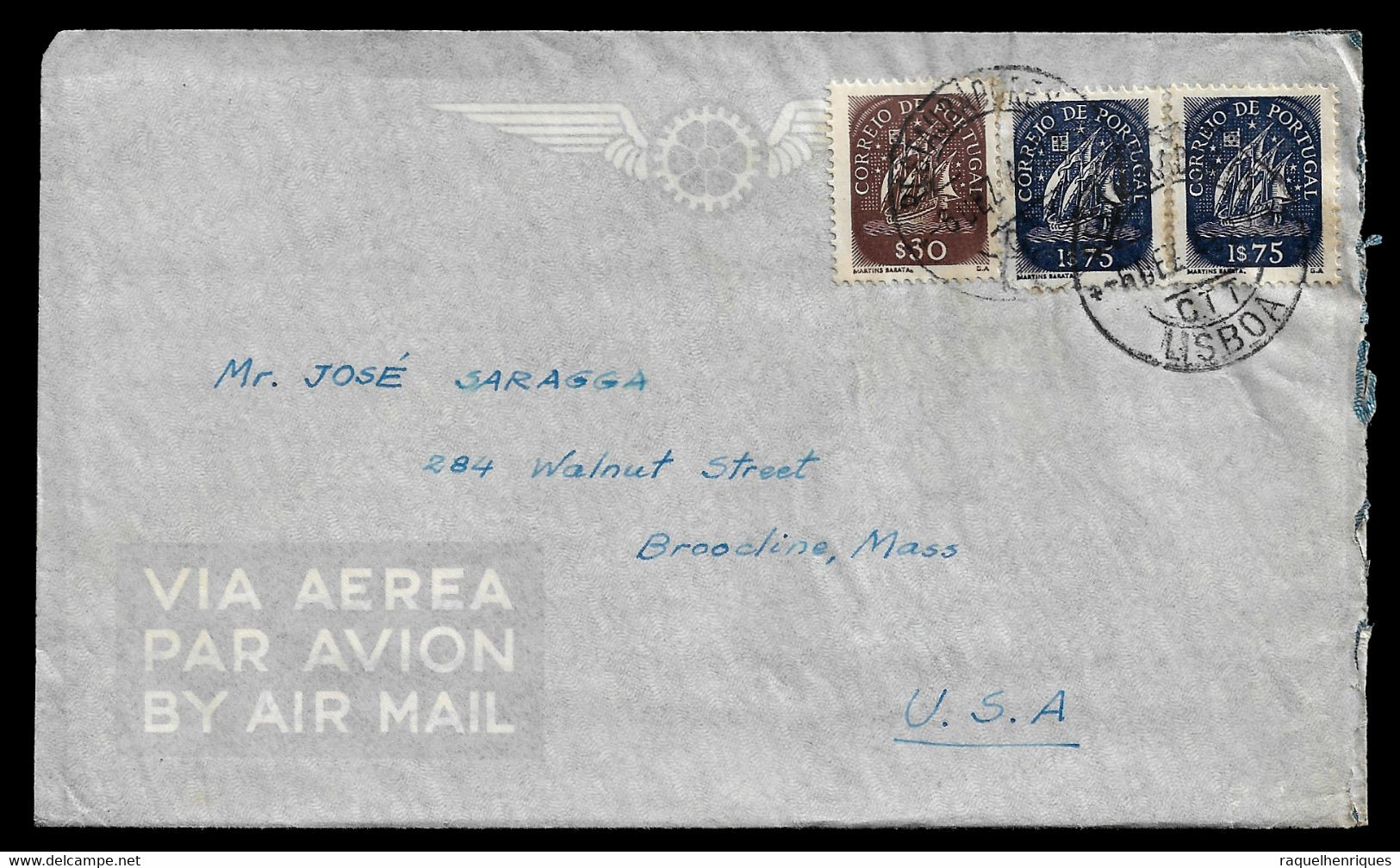 PORTUGAL AIRMAL COVER - 1949 FROM PORTUGAL TO UNITED STATES - CARIMBO LISBOA (PLB#03-05) - Brieven En Documenten