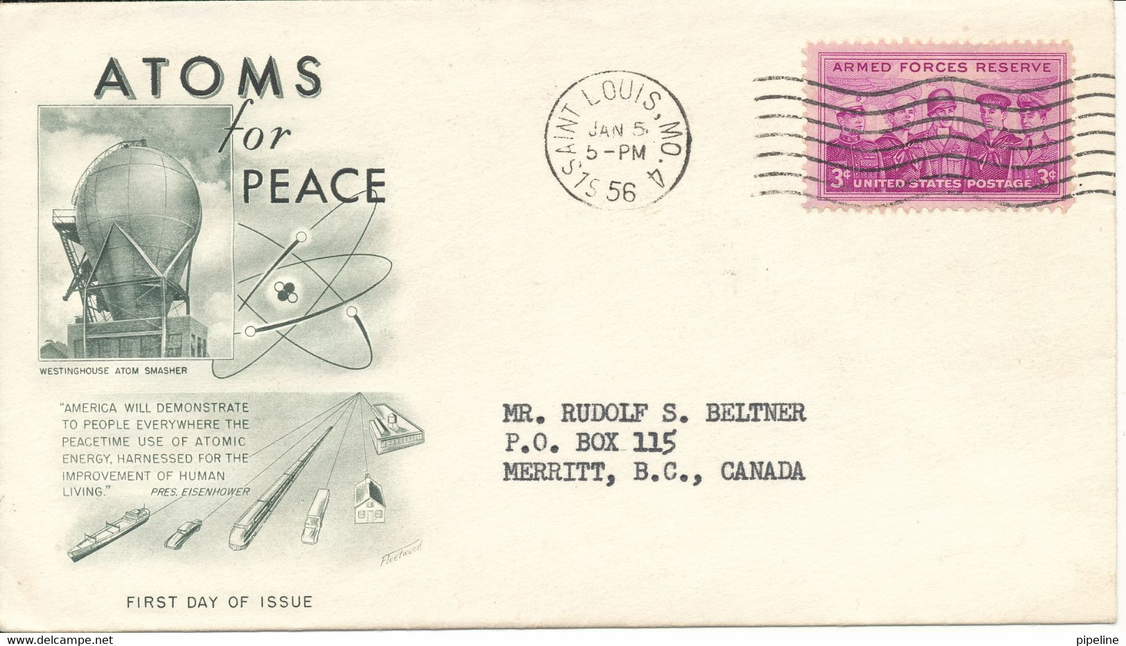 USA FDC Saint Louis 5-1-1956 Atoms For Peace With Nice Fleetwood Cachet - 1951-1960