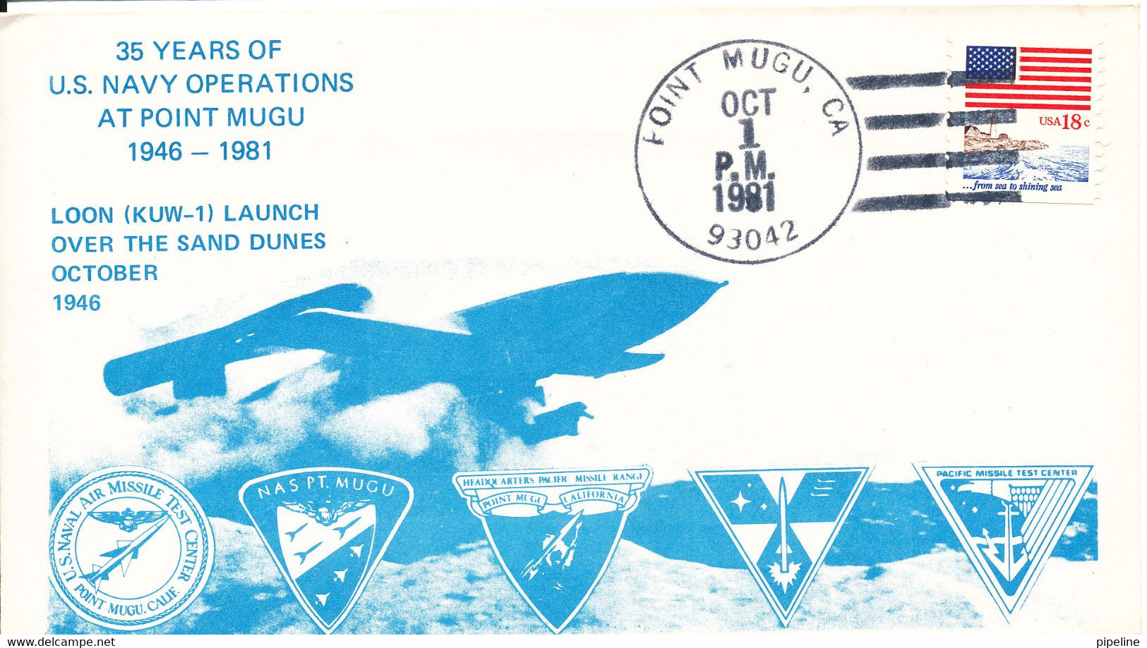 USA Cover Point Mugu 1-10-1981 35 Years Of Navy Operations At Point Mugu Loon (Kuw-1) Launch Over The Sand Dunes 1946 - América Del Norte
