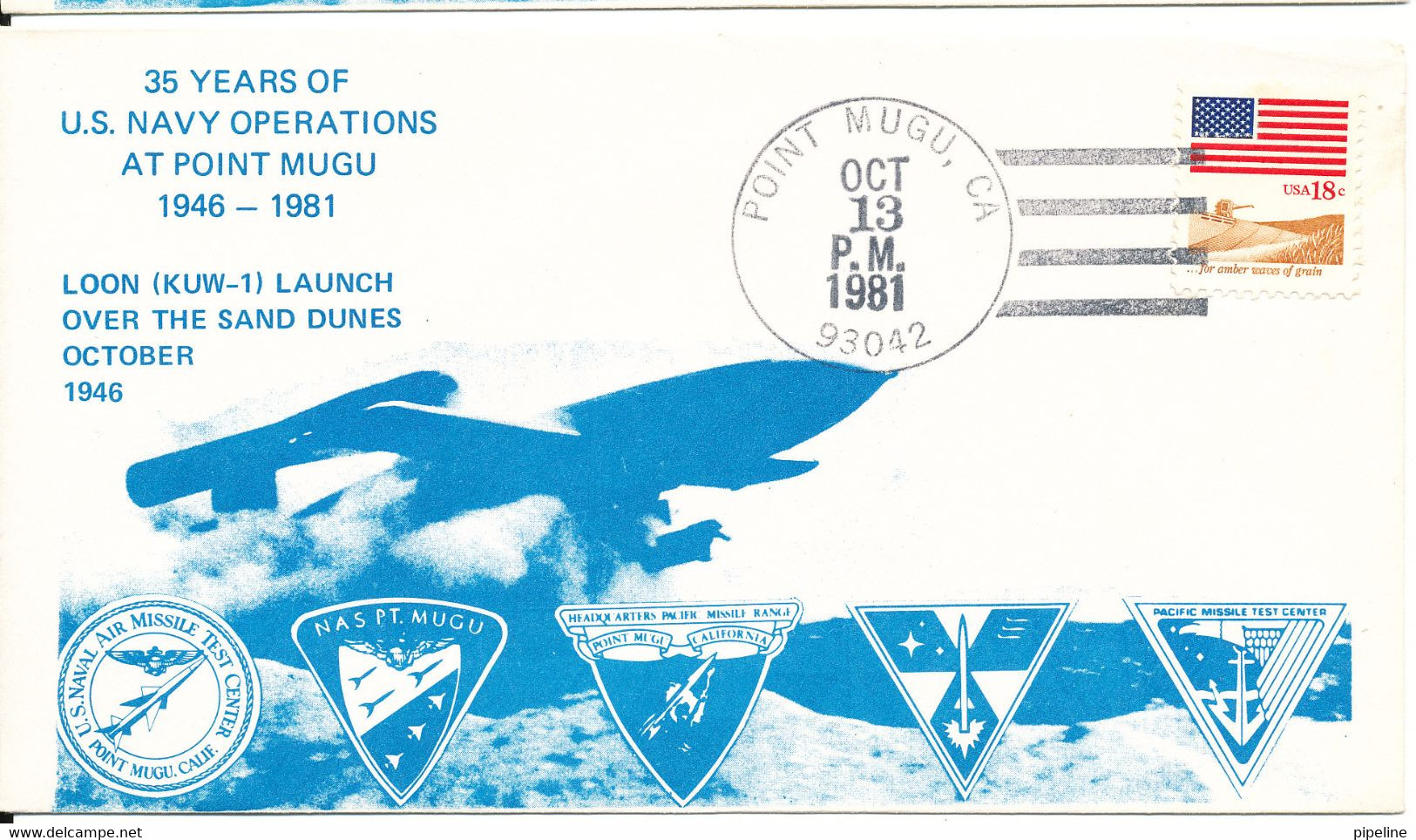 USA Cover Point Mugu 13-10-1981 35 Years Of Navy Operations At Point Mugu Loon (Kuw-1) Launch Over The Sand Dunes 1946 - America Del Nord